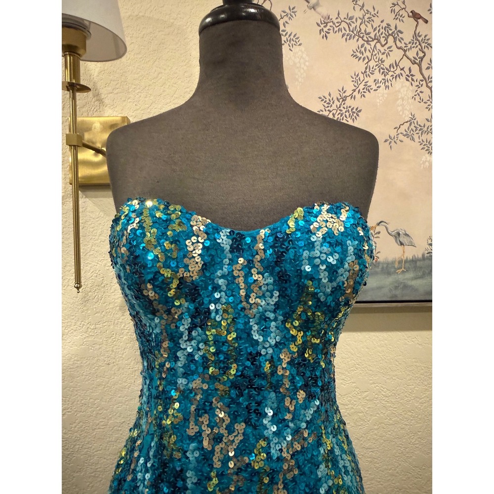 Scala Teal and Gold Sequin Strapless Mini Dress - Picture 10 of 10